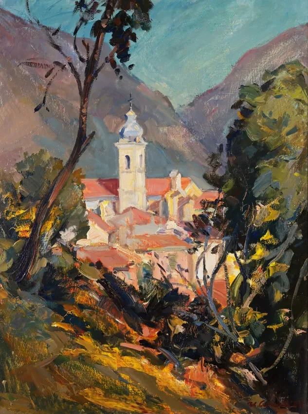 Umberto Corradi, Italian Village of Civezza, Oil on Board