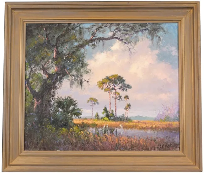 Wetlands Pond with Heron by Albert E. Backus, 1968, Oil on Canvas, sold Sep 2025