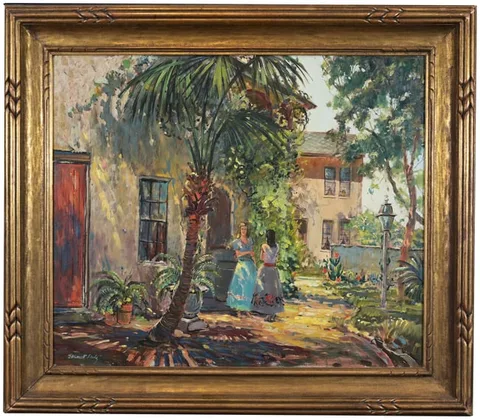 Exchanging the News by Emmett Fritz, Oil on Masonite, offered Sep 2025