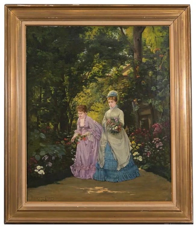 Hippolyte Dubois, Elegant Ladies Gathering Flowers in a Garden, Oil on Canvas