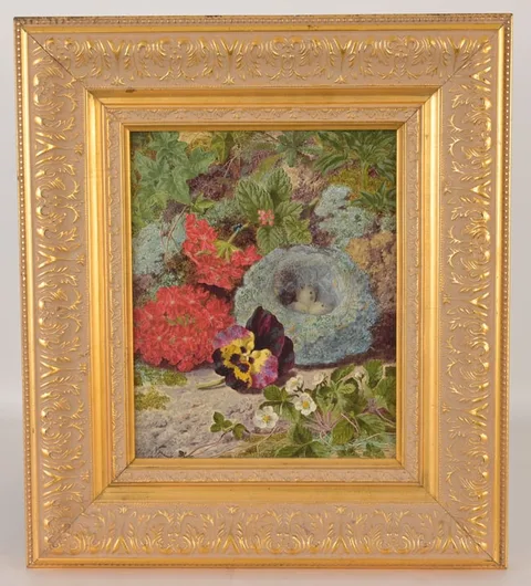 Thomas Worsey, Still Life, Flowers and Bird Nest, Oil on Canvas