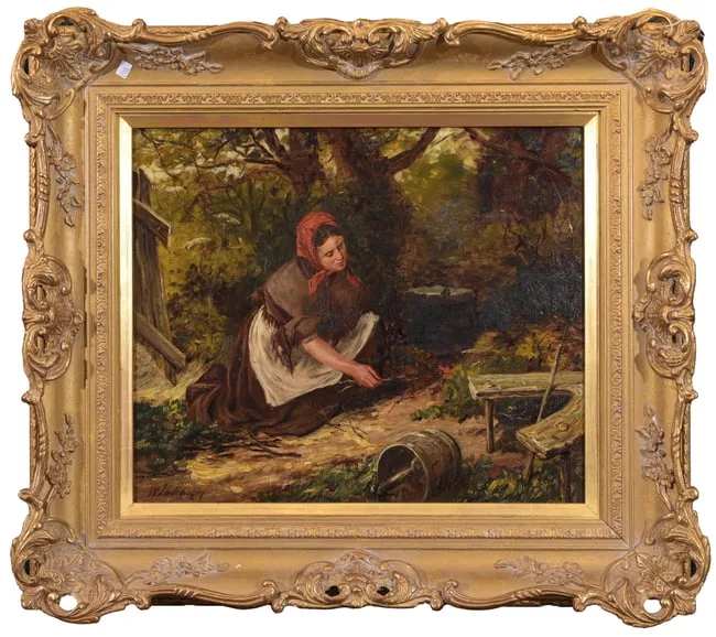 Feeding the Flame by Walter Hutcheson, 1877, Oil on Canvas, offered Sep 2025
