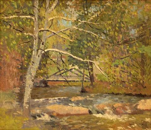 Joseph Eliot Enneking, Rocks by the Brook, Oil on Board