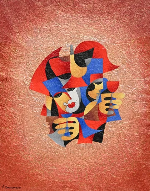 Anatole Krasnyansky, Masked Sommelier, Mixed Media on Paper
