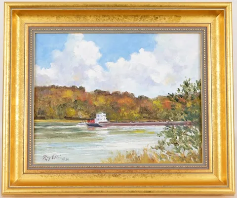 Ray George Ellis, Ohio River Barge, Oil on canvas