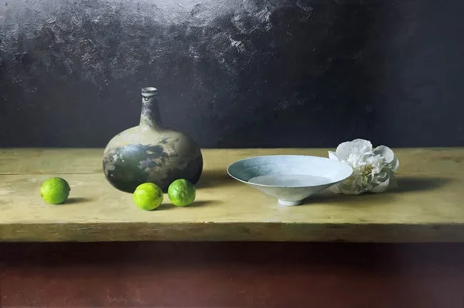 Qiangli Liang, White Peonies, Oil on Panel