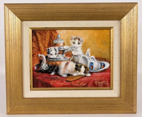 J.W. van Trirum, Tea Time with Kittens, Oil on Panel
