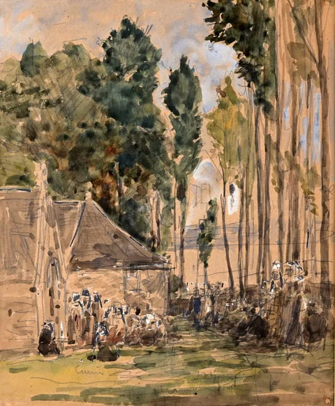 Eugène Louis Boudin, Village Breton, Watercolor on Paper