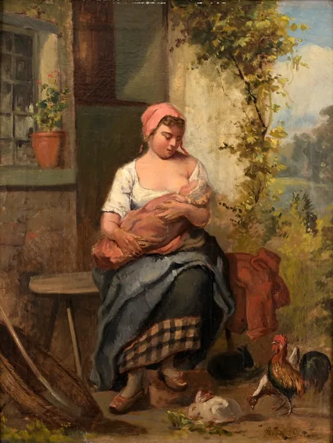 Théodore Gérard, Woman Feeding Her Baby and the Hens, Oil on Canvas