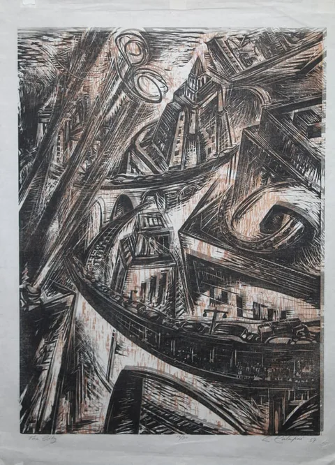 The City by Letterio Calapai, Woodcut, sold Mar 2026
