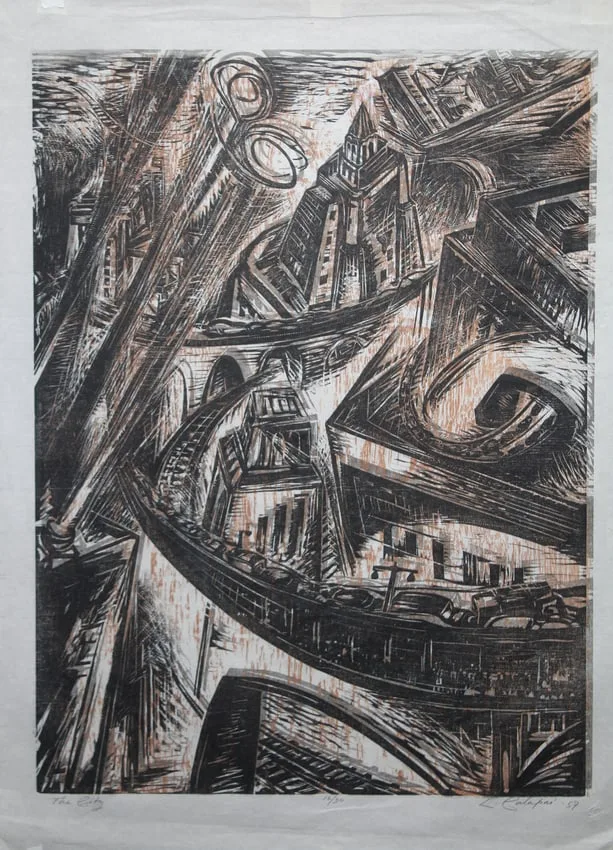 The City by Letterio Calapai, Woodcut, sold Mar 2026