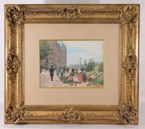 Victor Gilbert, Flower Sellers Before the Conciergerie, Paris, Gouache on Paper