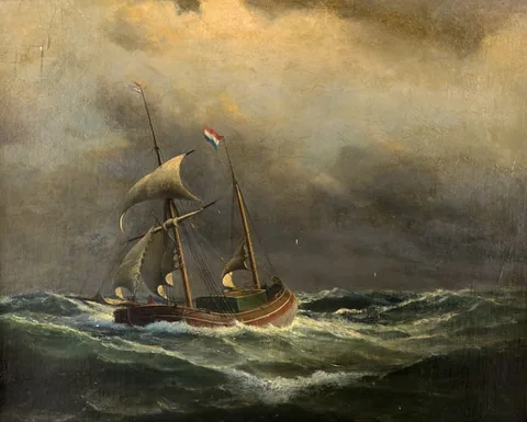 Vilhelm Melbye, Dutch Ship in Stormy Sea, Oil on Canvas