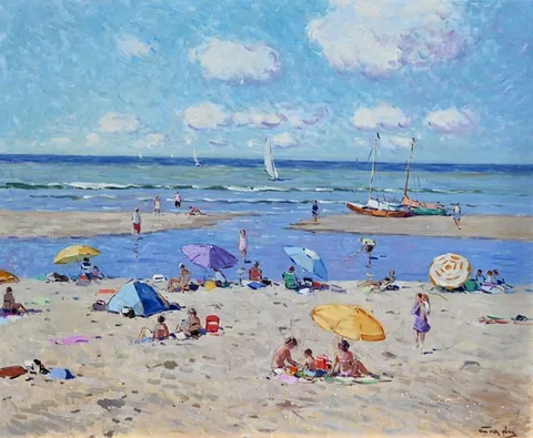 Niek Van der Plas, Beach Scene, Oil on Board