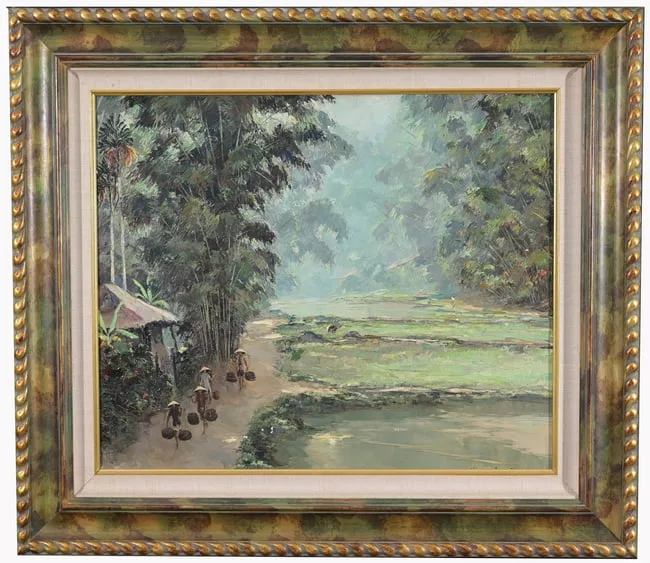 Henri Mege, Morning in the rice fields, Oil on Canvas
