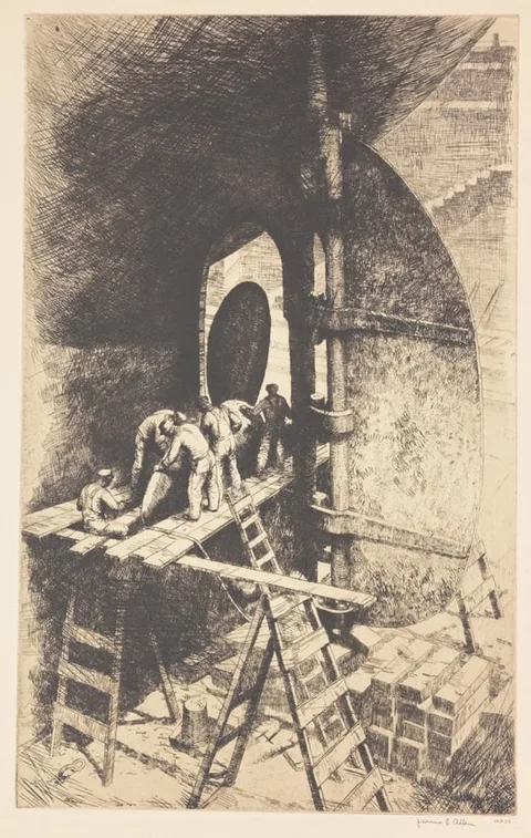 James  Allen, Dry Dock Men, 1937, Etching