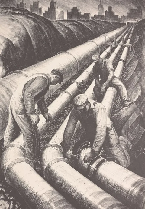 James  Allen, Three Pipe Line, 1937, Lithograph