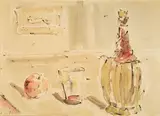Filippo de Pisis, Natura morta con fiasco, bicchiere e mela, cm.