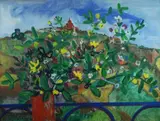 Alfredo Fabbri, Vaso di fiori e paesaggio, 1975, cm.
