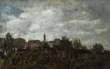 Angelo Dall'Oca Bianca, Paesaggio con paese e processione
