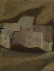 Gastone Breddo, Paese, 1931, Sul verso: etichetta V Mostra Nazionale Premio del Fiorino con dati dell'opera; sul telaio scritta autografa:
