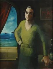 Gregorio Sciltian, Donna in osteria con paesaggio marittimo, 1929