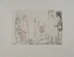 “Le cocu assistant a la comparution, devant l’inquisition, d’une femme nue enchainee par un bourreau by Pablo Picasso, 1966, offered Dec 2018