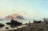 Ettore De Maria Bergler, Pescatori sulla spiaggia con veduta del monte Pellegrino, 1898
