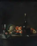 Thomas Germain Joseph Duvivier, Natura morta con bottiglia e frutta, 1759, Sul verso: etichetta circolare con stemma coronato. Cornice coeva in legno intagliato e dorato. Bibliografia: