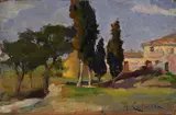 Arturo Calosci, Paesaggio con caseggiati e cipressi