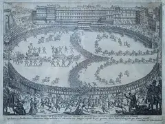 Teatro fatto in Firenze nella festa a cavallo per la venuta del ser.mo principe d'urbino by Jaques Callot, incisione tratta dalla serie di sei stampe 'Guerra di Bellezza; in basso a destra "iulius parigi inv d. allot, offered Sep 2018