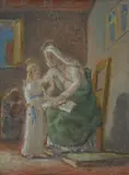 Vanni Rossi, Sant'Anna con Maria bambina, 1958, Sul verso: etichetta con dichiarazione di autenticità dell'autore con dati dell'opera e firma.