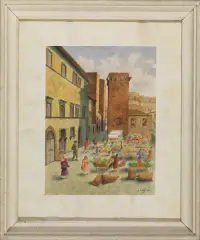 Piazza Giuseppe Verdi, Tarquinia by Adolfo Ajelli, watercolour on paper, offered Dec 2020