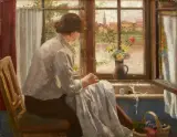 Vittorio Cavalleri, Donna Che Cuce Alla Finestra, oil on canvas