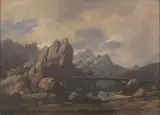 Károly Markó the Younger, Paesaggio Montano Con Viandanti, oil on card
