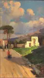Salvatore Balsamo, Scorcio Di Paese Con Figure, oil on compensato