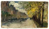 Lesser Ury, Unter den Linden“. 1920er Jahre, Öl auf Leinwand auf Karton