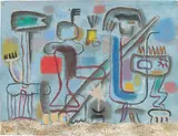 Willi Baumeister, Blau mit rotem Quadrat (Figuren in Landschaft)