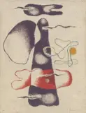 Willi Baumeister, Mit zwei Lineamenten, 1938, Öl auf Leinwand. Doubliert