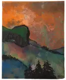 Berglandschaft und schwarze Tannen” by Emil Nolde, Um 1935, Aquarell und Tuschpinsel auf Japan. Das Blatt ist montiert auf einer Buchseite zwischen Abbildungsverzeichnis und Vorwor, sold May 2013