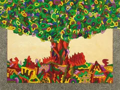 Alexis Akrithakis, Baum, 1969, Tempera, Tuschfeder und Filzstift in Orange auf festem Karton