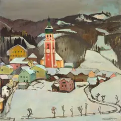Willy Eisenschitz, Ansicht von Castelrotto (Kastelruth, Südtirol), 1924, Öl auf Leinwand