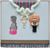 Suchitra Mattai, The Theater of Joy, 2021, found textile, faux gems, embroidery floss, beads, feathers and found theater mask from India on fabric