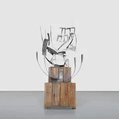 Beverly Pepper, The Burning Bush Menorah, 1964, brushed and cut steel on wooden base