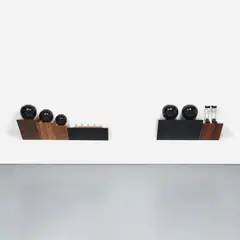 Haim Steinbach, code of silence #2, 1986, 2 plastic-laminated wood shelves, 5 ceramic vases, 2 brass-and-wood coat racks and 1 pair of leather shoes attached to metal leg braces