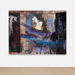 Oscar Murillo, geographical avalanche, 2017–2018, oil, oilstick, graphite and velvet on linen
