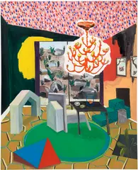 Shara Hughes, Enter Goldfish, 2007, oil, acrylic, enamel, paint pens and plastic paper on canvas