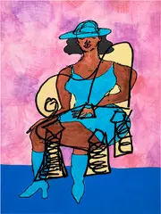 Tschabalala  Self, At Home - Lady in Blue in Sunroom, 2022, enamel and colored pencil on paper