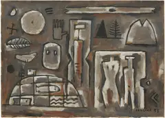Man, Symbols, Space by Gonzalo Fonseca, 1953, oil on cardboard, sold Sep 2026