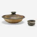 Covered bowl and tea bowl by Toshiko Takaezu, glazed stoneware, sold Nov 2022